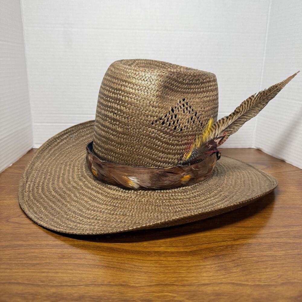 BAILEY U-ROLLIT Straw Western Rodeo Hat Brown Feather - Size 7